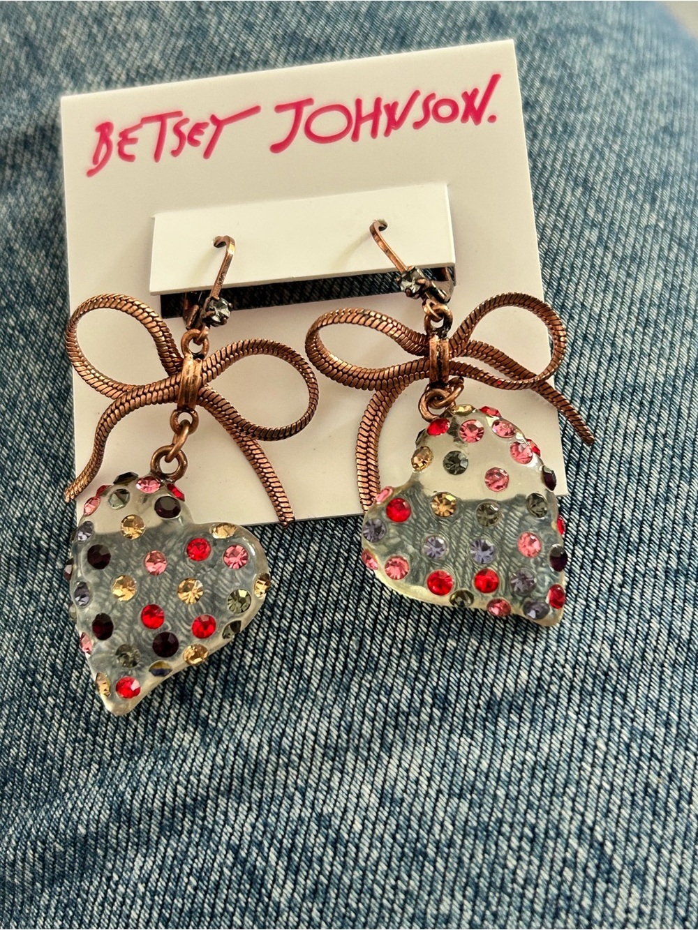 Betsey Johnson Multicolor Crystal Heart Bow Drop Earrings